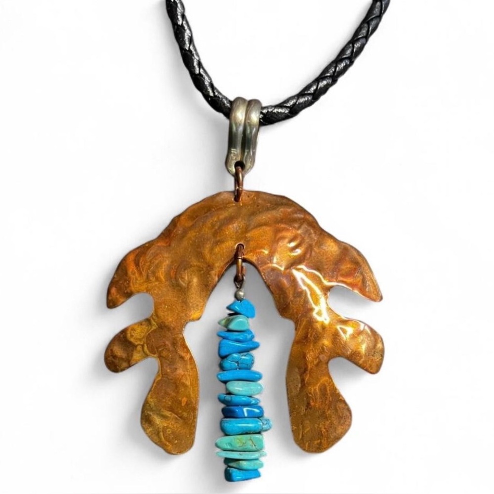 Vintage Artisan Copper, Sterling, Leather, and Blue Turquoise Necklace